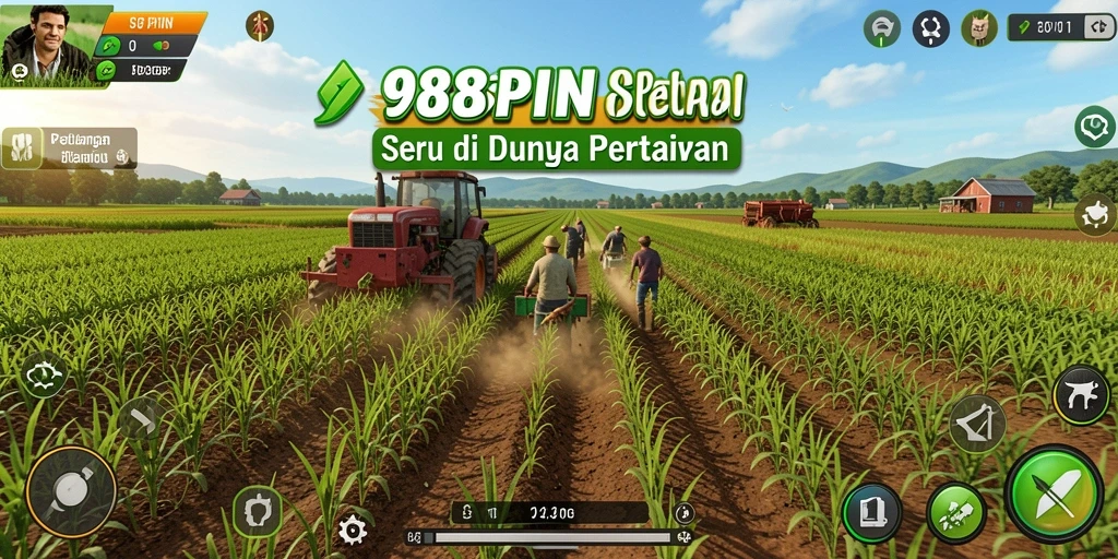 Screenshot gameplay 988SPIN menampilkan petak pertanian yang subur dan tanaman yang sedang tumbuh.