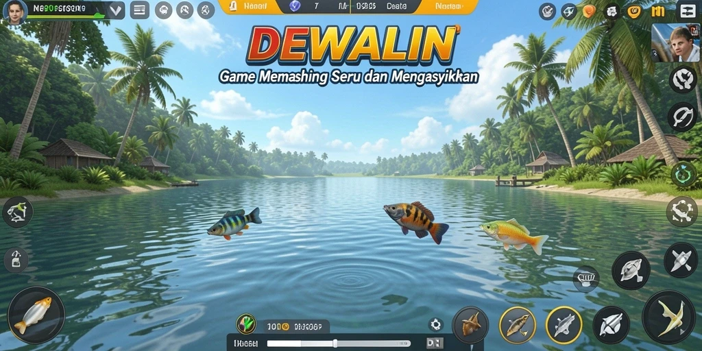 Tampilan gameplay DEWALIN dengan suasana memancing yang menggembirakan.