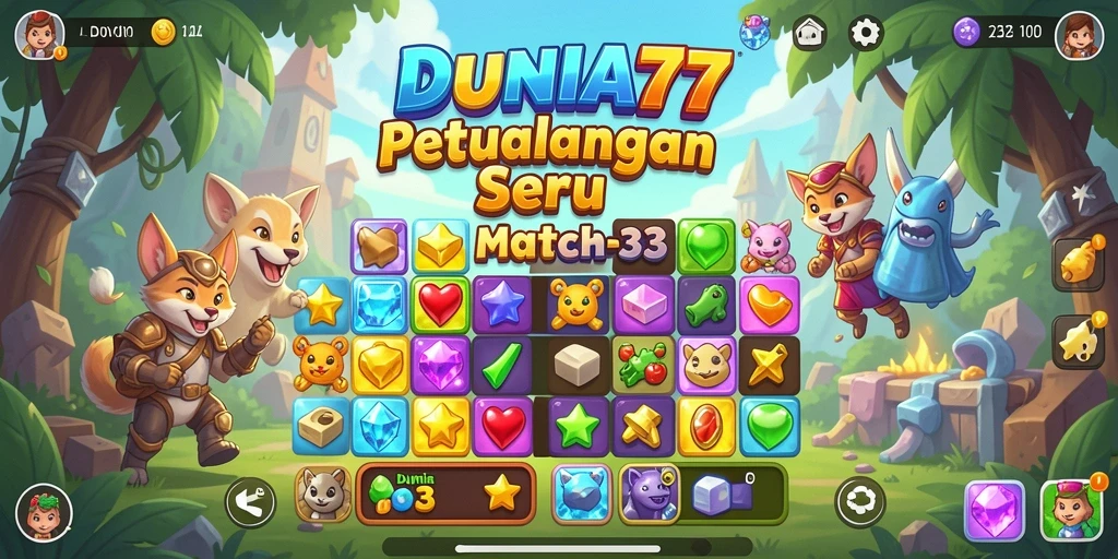 Screenshot gameplay DUNIA77 dengan aksi mencocokkan permata yang seru.