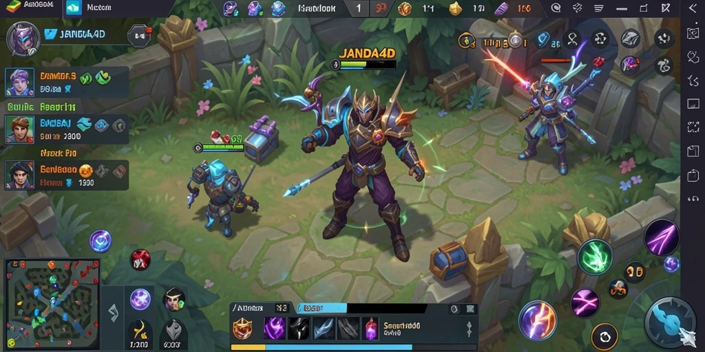 Screenshot gameplay JANDA4D yang menunjukkan aksi MOBA yang mendebarkan.