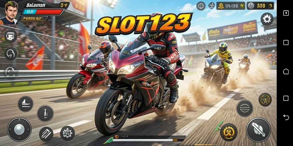 Gameplay SLOT123 yang menegangkan saat balapan motor.