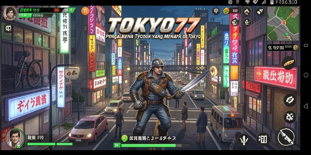 Screenshot utama TOKYO77 menampilkan suasana mengelola bisnis di Tokyo yang dinamis.